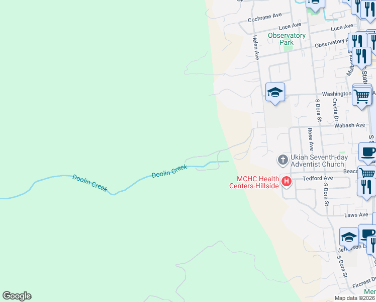 map of restaurants, bars, coffee shops, grocery stores, and more near 850 Doolan Canyon Drive in Ukiah
