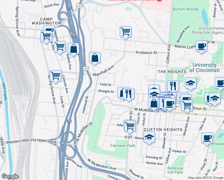 map of restaurants, bars, coffee shops, grocery stores, and more near 607 Tafel Street in Cincinnati