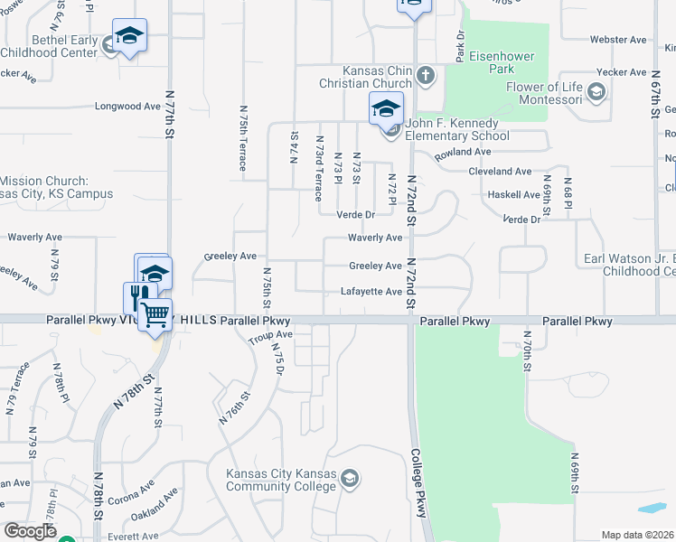 map of restaurants, bars, coffee shops, grocery stores, and more near 7325 Greeley Avenue in Kansas City