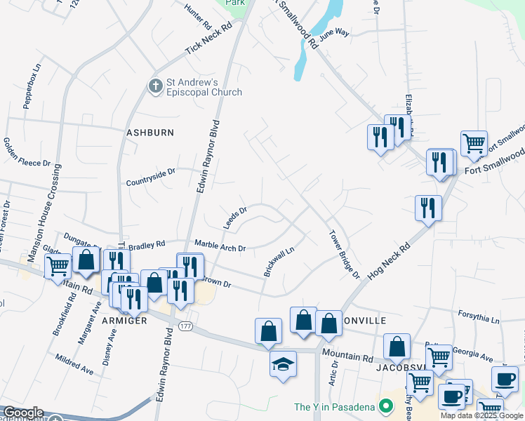map of restaurants, bars, coffee shops, grocery stores, and more near 8042 Abbey Court in Pasadena
