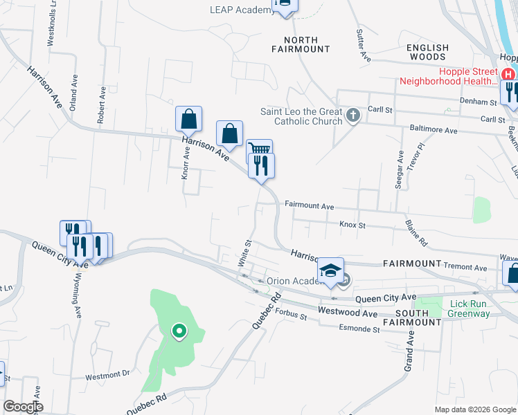 map of restaurants, bars, coffee shops, grocery stores, and more near 1991 Fairmount Avenue in Cincinnati