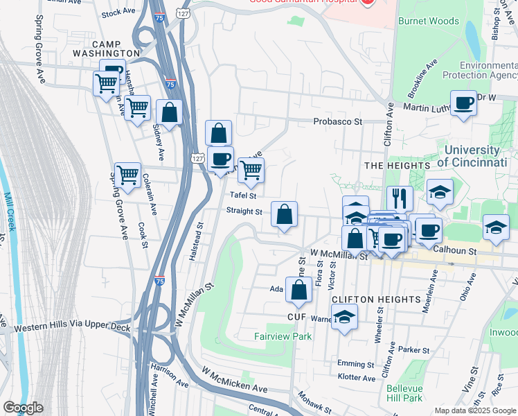 map of restaurants, bars, coffee shops, grocery stores, and more near 607 Tafel Street in Cincinnati
