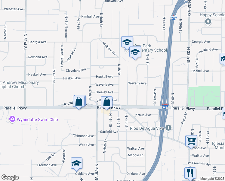 map of restaurants, bars, coffee shops, grocery stores, and more near 4516 Greeley Avenue in Kansas City