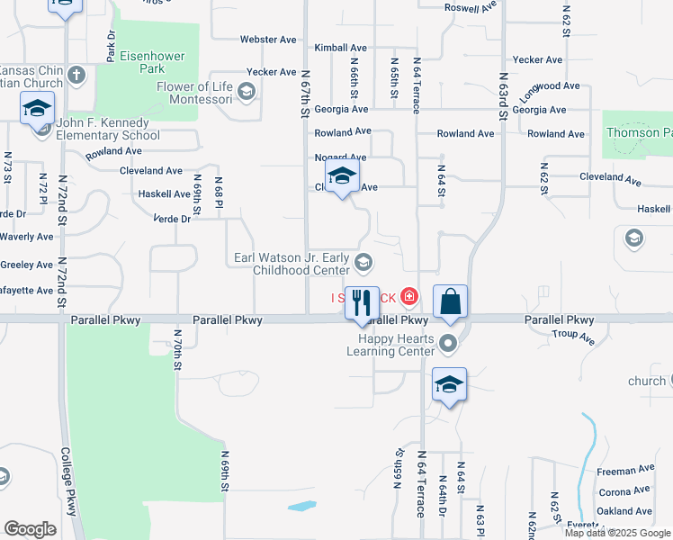 map of restaurants, bars, coffee shops, grocery stores, and more near 6638 Greeley Avenue in Kansas City