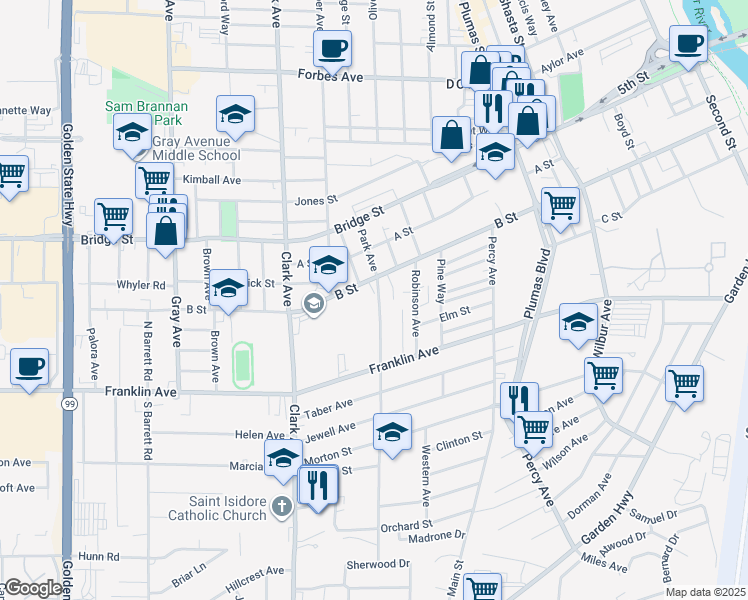 map of restaurants, bars, coffee shops, grocery stores, and more near 448 Park Avenue in Yuba City