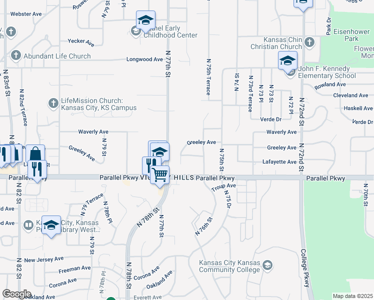 map of restaurants, bars, coffee shops, grocery stores, and more near 7555 Greeley Avenue in Kansas City