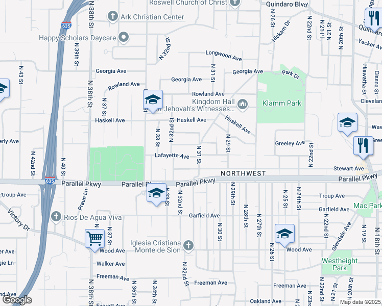 map of restaurants, bars, coffee shops, grocery stores, and more near 3112 Lafayette Ave in Kansas City