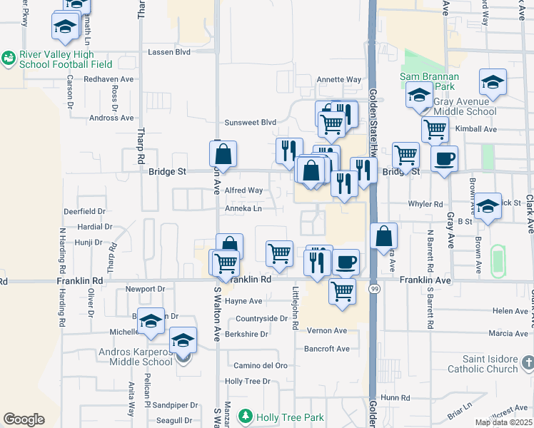 map of restaurants, bars, coffee shops, grocery stores, and more near 1508 Anneka Lane in Yuba City