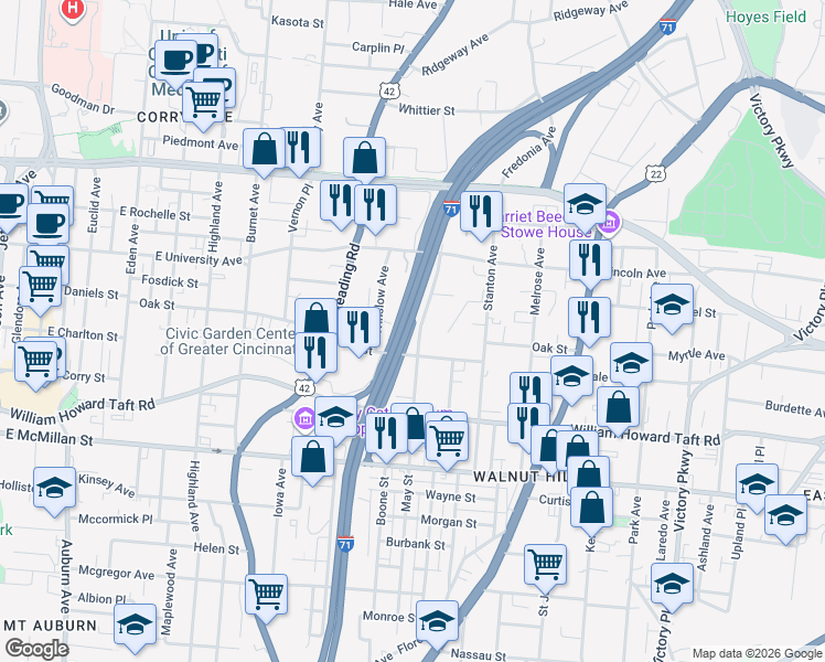 map of restaurants, bars, coffee shops, grocery stores, and more near 671 Tennis Lane in Cincinnati