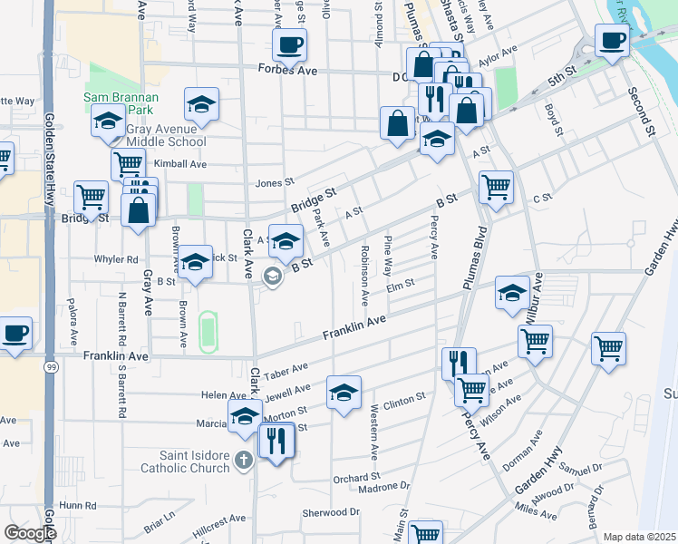 map of restaurants, bars, coffee shops, grocery stores, and more near 448 Park Avenue in Yuba City