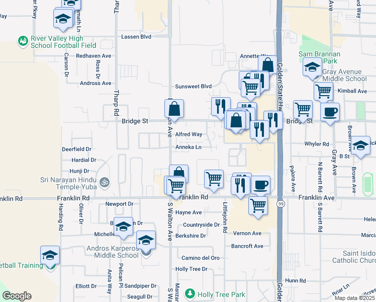 map of restaurants, bars, coffee shops, grocery stores, and more near 1554 Anneka Lane in Yuba City