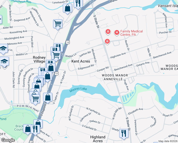 map of restaurants, bars, coffee shops, grocery stores, and more near 109 Cooper Road in Dover
