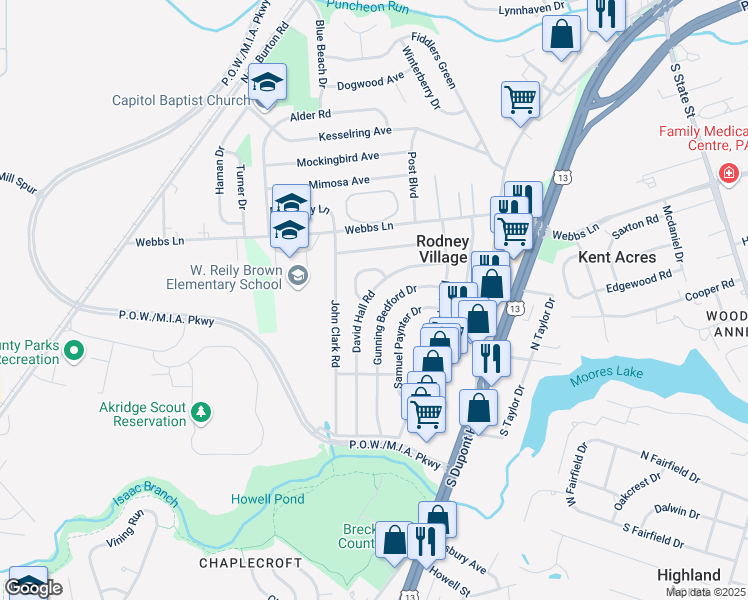 map of restaurants, bars, coffee shops, grocery stores, and more near 285 David Hall Road in Dover