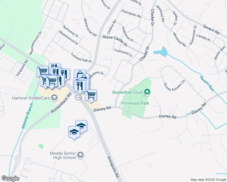 map of restaurants, bars, coffee shops, grocery stores, and more near 7951 Trafalgar Court in Severn