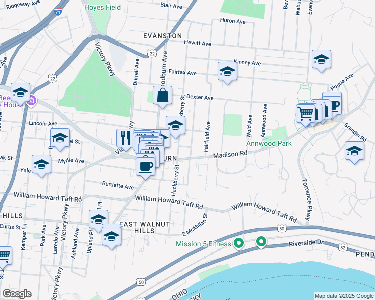 map of restaurants, bars, coffee shops, grocery stores, and more near 1715 Fernwood Street in Cincinnati