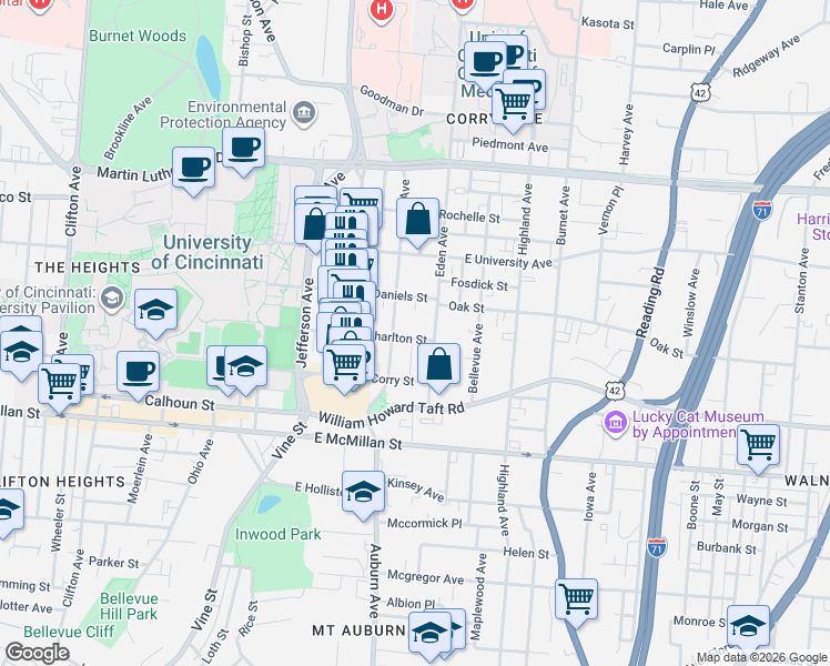 map of restaurants, bars, coffee shops, grocery stores, and more near 114 East Charlton Street in Cincinnati