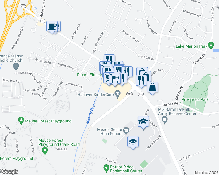 map of restaurants, bars, coffee shops, grocery stores, and more near 2655 Annapolis Road in Hanover