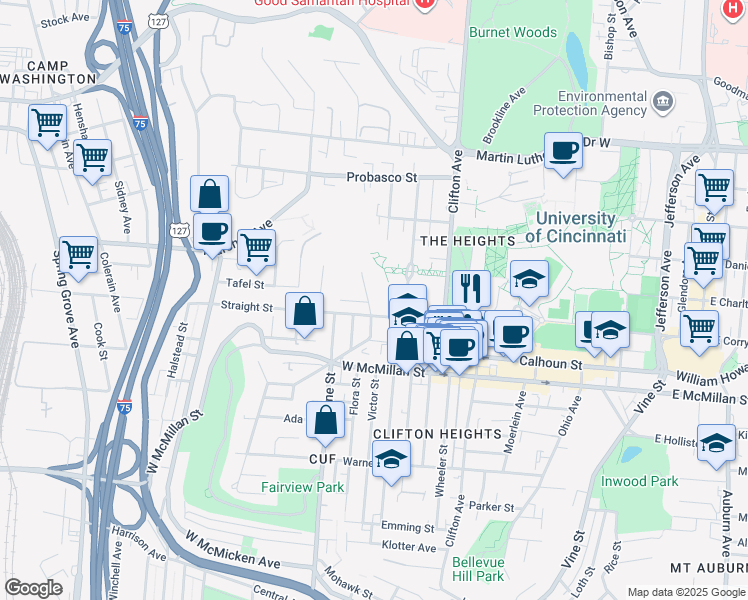 map of restaurants, bars, coffee shops, grocery stores, and more near 2616 University Court in Cincinnati