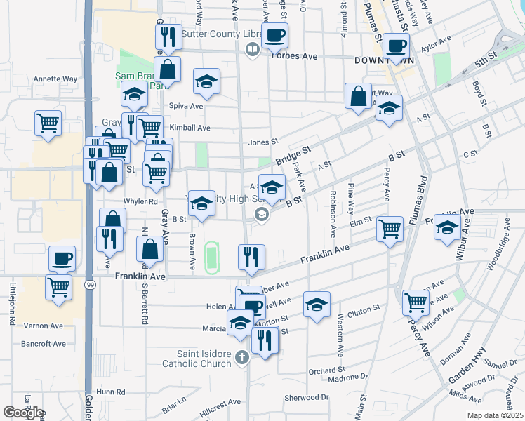 map of restaurants, bars, coffee shops, grocery stores, and more near 869 B Street in Yuba City