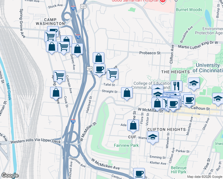 map of restaurants, bars, coffee shops, grocery stores, and more near 758 Straight Street in Cincinnati
