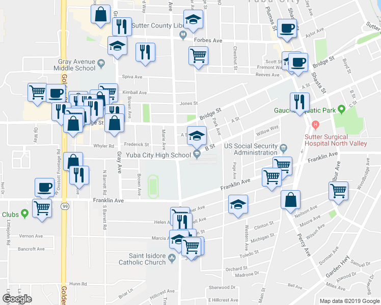 map of restaurants, bars, coffee shops, grocery stores, and more near 901 B Street in Yuba City