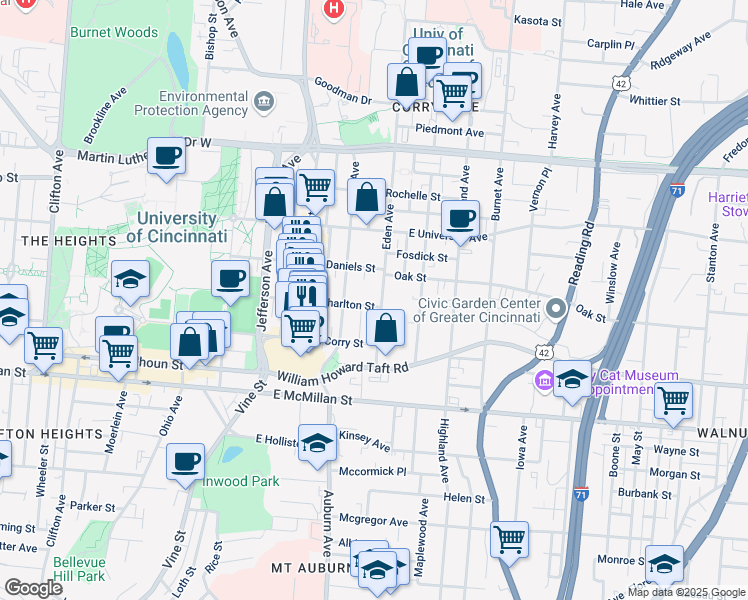 map of restaurants, bars, coffee shops, grocery stores, and more near 112 East Charlton Street in Cincinnati