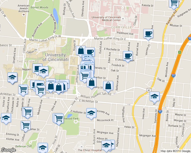 map of restaurants, bars, coffee shops, grocery stores, and more near 2701 Euclid Avenue in Cincinnati