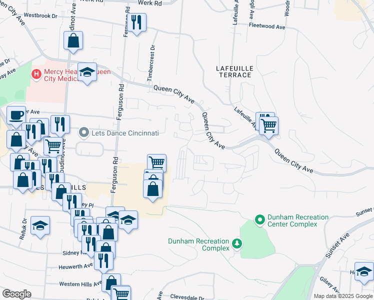 map of restaurants, bars, coffee shops, grocery stores, and more near 2714 East Tower Drive in Cincinnati
