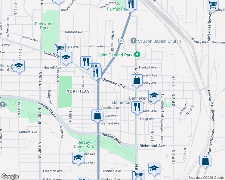 map of restaurants, bars, coffee shops, grocery stores, and more near 620 Lafayette Avenue in Kansas City
