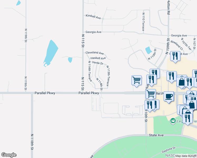 map of restaurants, bars, coffee shops, grocery stores, and more near 2120 North 114th Street in Kansas City