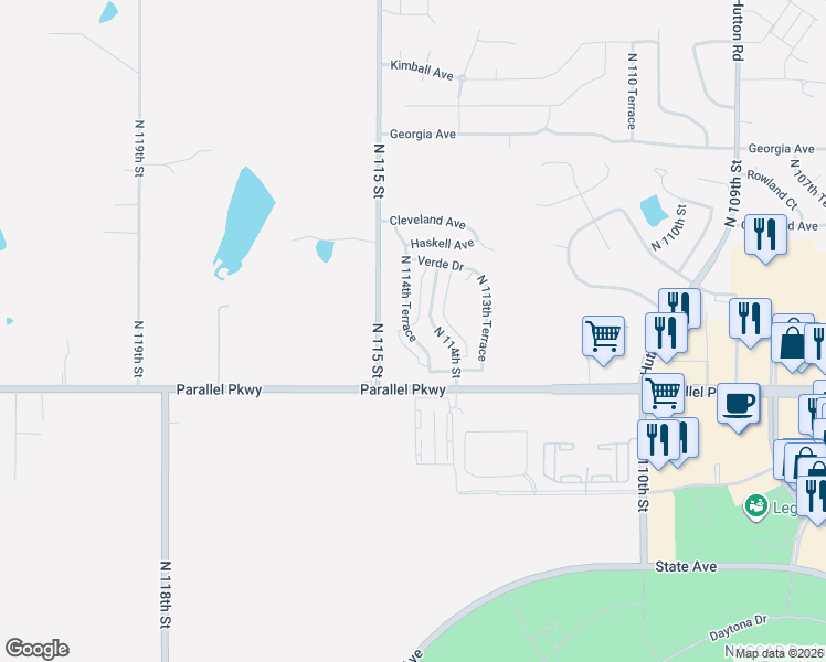 map of restaurants, bars, coffee shops, grocery stores, and more near 2120 North 114th Street in Kansas City