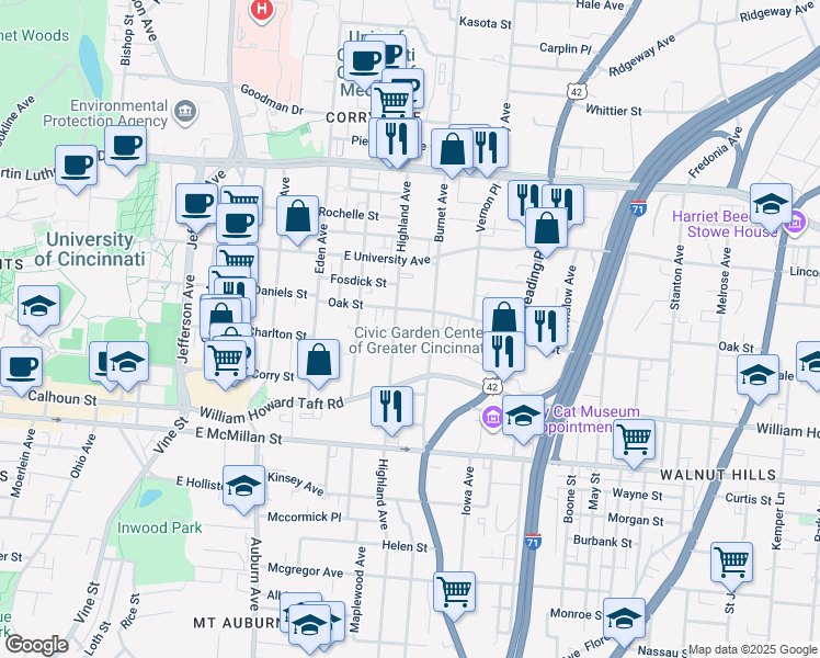 map of restaurants, bars, coffee shops, grocery stores, and more near 2650 Highland Avenue in Cincinnati