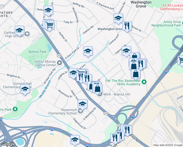 map of restaurants, bars, coffee shops, grocery stores, and more near 616 Poplarwood Place in Gaithersburg