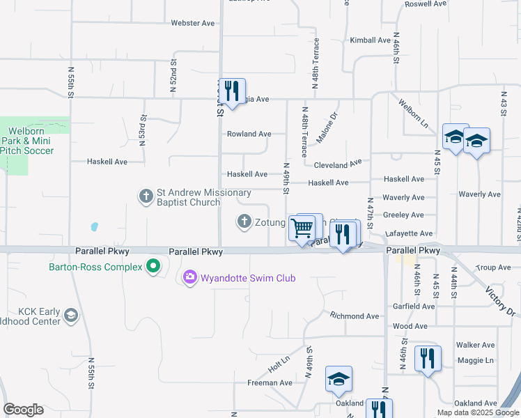 map of restaurants, bars, coffee shops, grocery stores, and more near 2153 North 49 Terrace in Kansas City