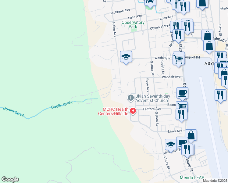 map of restaurants, bars, coffee shops, grocery stores, and more near 1360 Helen Avenue in Ukiah