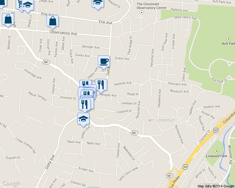 map of restaurants, bars, coffee shops, grocery stores, and more near 3252 Glengyle Avenue in Cincinnati
