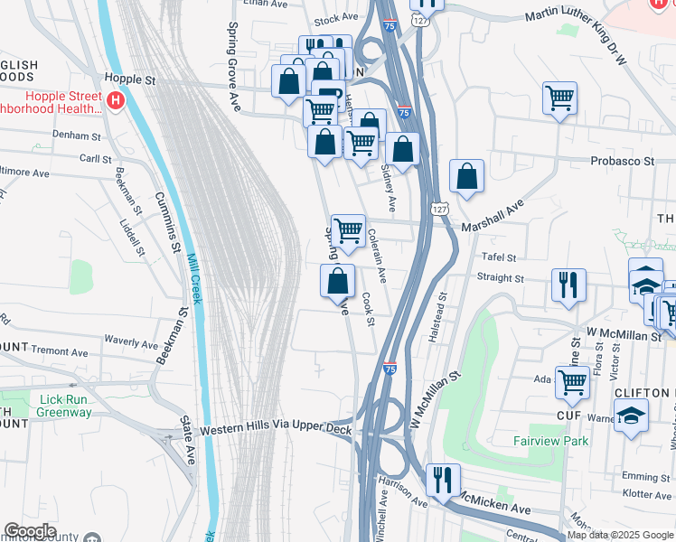 map of restaurants, bars, coffee shops, grocery stores, and more near 2649 Spring Grove Avenue in Cincinnati