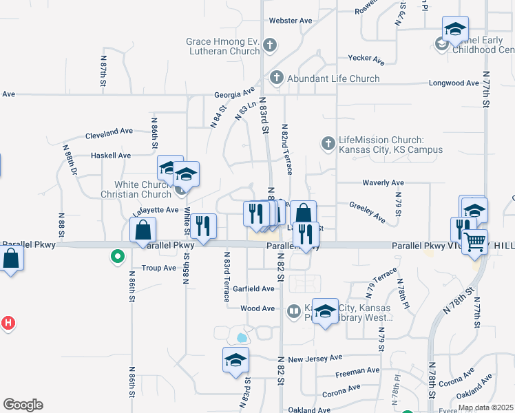 map of restaurants, bars, coffee shops, grocery stores, and more near 2129 North 83rd Place in Kansas City