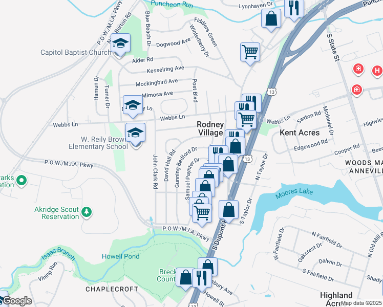 map of restaurants, bars, coffee shops, grocery stores, and more near 236 Gunning Bedford Drive in Dover