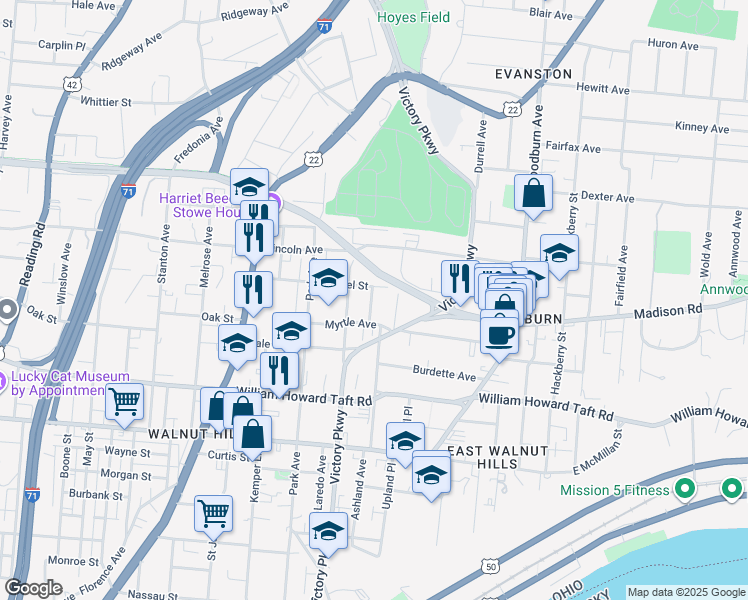 map of restaurants, bars, coffee shops, grocery stores, and more near 2820 Preston Street in Cincinnati