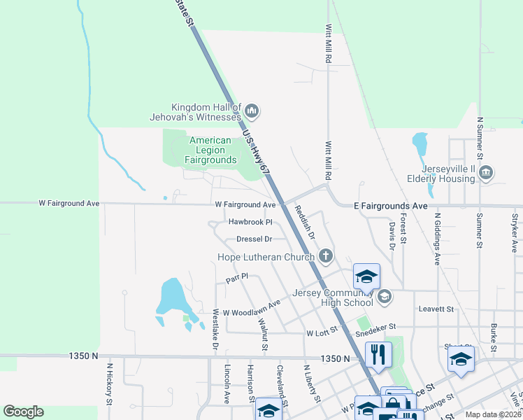 map of restaurants, bars, coffee shops, grocery stores, and more near 200 West Fairground Avenue in Jerseyville