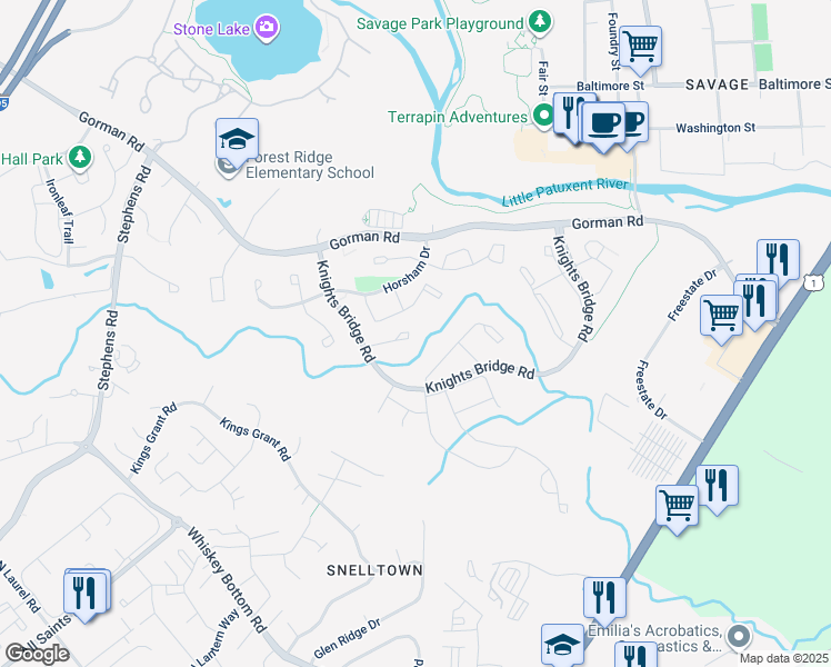 map of restaurants, bars, coffee shops, grocery stores, and more near 9435 Loch Leven Court in Laurel