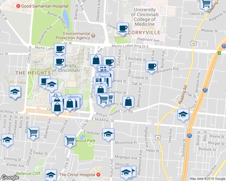 map of restaurants, bars, coffee shops, grocery stores, and more near 2701 Euclid Avenue in Cincinnati