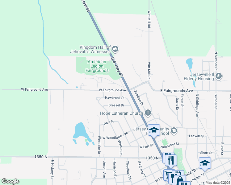 map of restaurants, bars, coffee shops, grocery stores, and more near 200 West Fairground Avenue in Jerseyville