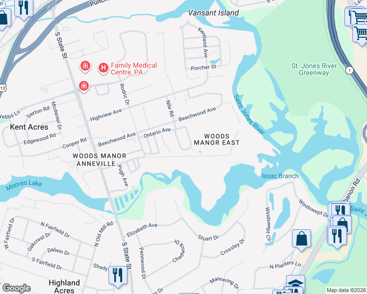 map of restaurants, bars, coffee shops, grocery stores, and more near 51 Pinewood Avenue in Dover