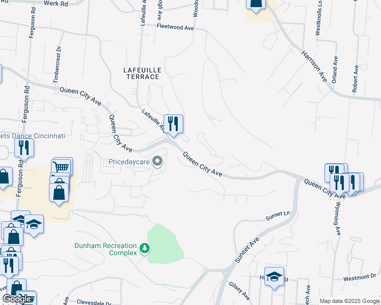 map of restaurants, bars, coffee shops, grocery stores, and more near 2566 Queen City Ave in Cincinnati