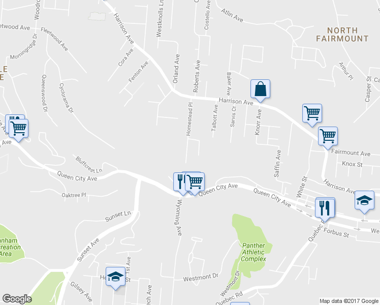 map of restaurants, bars, coffee shops, grocery stores, and more near 2424 Homestead Place in Cincinnati