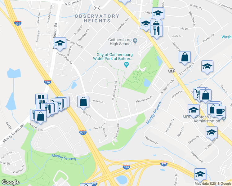 map of restaurants, bars, coffee shops, grocery stores, and more near 225 Summit Hall Road in Gaithersburg