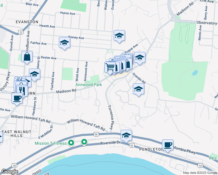map of restaurants, bars, coffee shops, grocery stores, and more near 582 Torrence Parkway in Cincinnati