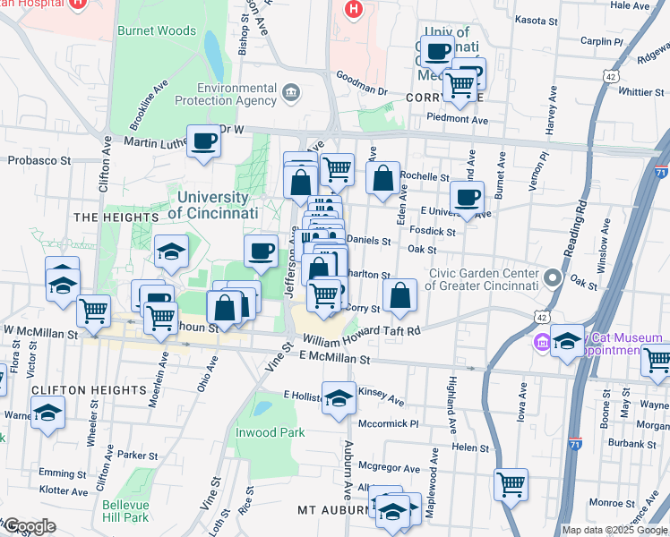 map of restaurants, bars, coffee shops, grocery stores, and more near 2701 Euclid Avenue in Cincinnati